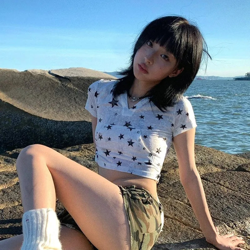 Cathy Dollette Japanese  Hooded  Vintage 2000s Style Rabbit Ears TopHarajuku Star Print Short Sleeve T Shirt Korean Popular