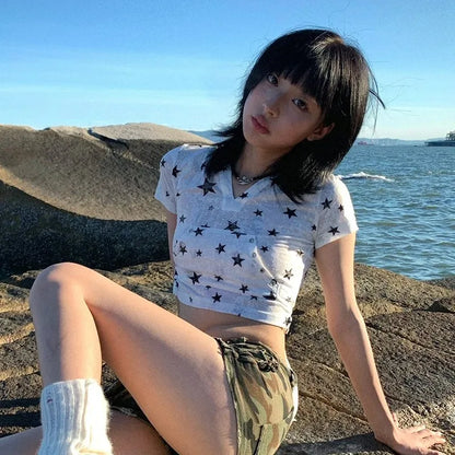 Cathy Dollette Japanese  Hooded  Vintage 2000s Style Rabbit Ears TopHarajuku Star Print Short Sleeve T Shirt Korean Popular