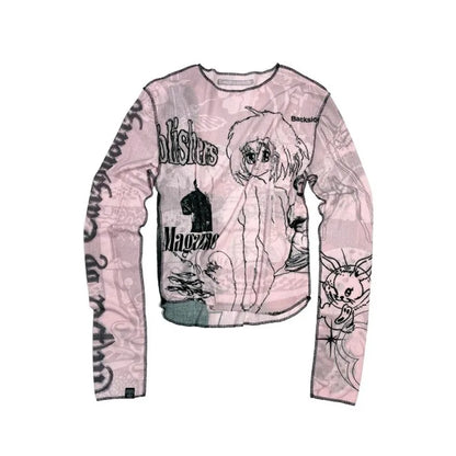 Cathy Dollette Japanese  Graffiti Print TopVintage Harajuku Anime Long Sleeve  2000s s Grunge Tee American Retro
