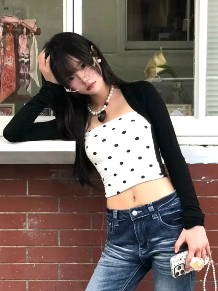 Cathy Dollette Korean Style   Polka Dot Patchwork Crop Top Fairycore Tshirts Japanese 2000s Streetwear Tee Tops