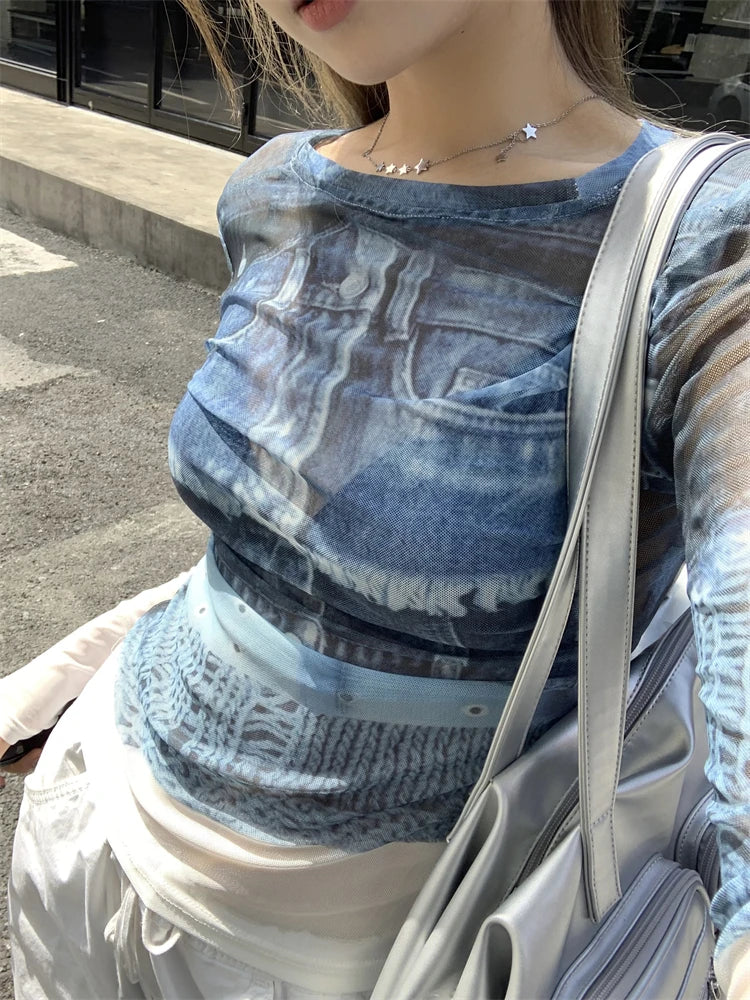 Cathy Dollette Korean Style Mesh TopSee Through T Shirt  Long Sleeve  Vintage Tee Top Summer Tshirts Female