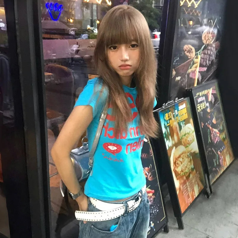 Cathy Dollette Japanese  Letter Print  Trashy 2000s Style Crop Top Vintage Harajuku Short Sleeve Tee Shirt American Retro 90s