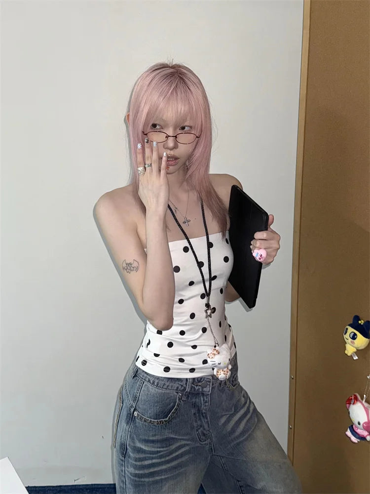Cathy Dollette Hotsweet Polka Dot Corset Sexy TopSummer Korean Fashion Slim Sleeveless Tank TopYouthful Woman Clothes 2000s