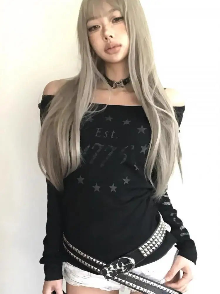 Cathy Dollette Black Graphic T Shirts Woman Clothes Long Sleeve Korean Fashion 2000s Clothes  Tees Female Clothing Sping TopGoth