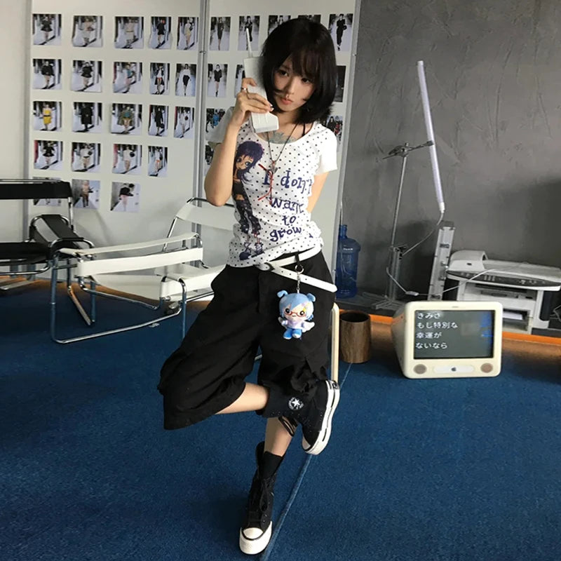Cathy Dollette Harajuku Print T Shirt  Short Sleeve Slim  Japanese Grunge Top2000s  Fairycore Tee Top