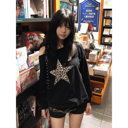 Cathy Dollette Pullovers Print Leopard Star 's Sweatshirts Long Sleeve Harajuku Hoodies 2000s Clothes  Autumn Spring TopLoose