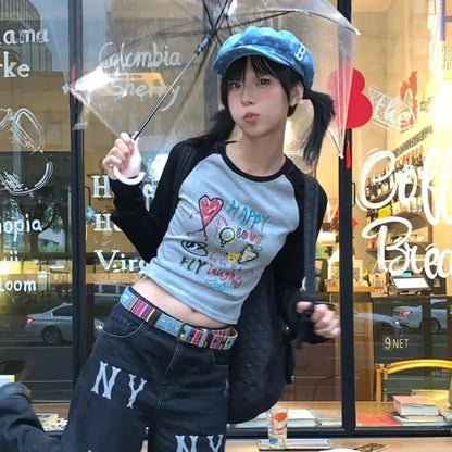 Cathy Dollette Japanese  Graffiti Print  Vintage Harajuku Long Sleeve Patchwork Crop Top 2000s s Ribbed Top American