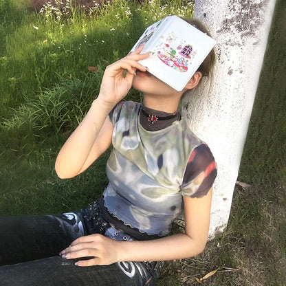 Cathy Dollette Trashy  Crop Top Japanese 2000s Style Mesh TopGrunge s Short Sleeve  Tie-dye Vintage Harajuku Tee