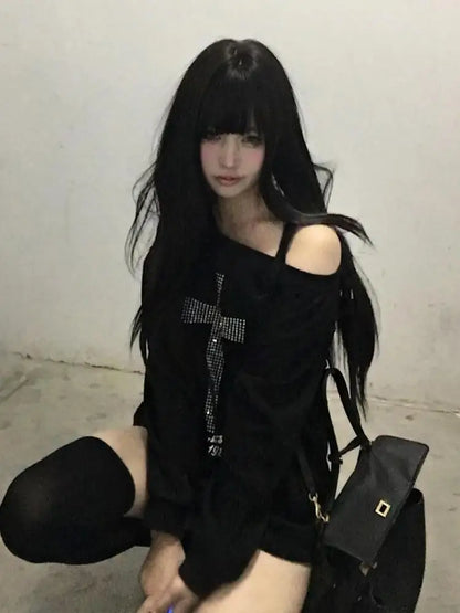 Cathy Dollette Cross One-shoulder Graphic Hoodies Long Sleeve Black 's Sweatshirts Harajuku Grunge 2000s Clothes  Autumn Tops
