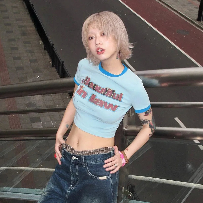 Cathy Dollette Japanese  Letter Print  Vintage Harajuku Patchwork Crop Top 2000s Style Short Sleeve Tee Shirt American Retro