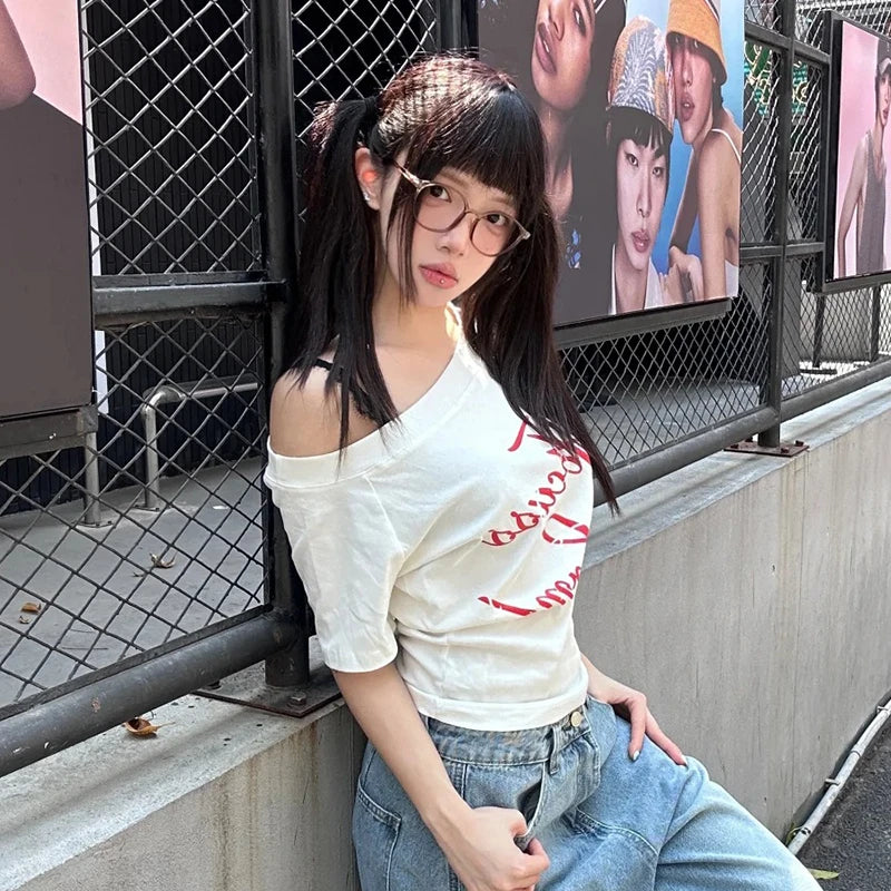 Cathy Dollette Harajuku Print   Short Sleeve Irregular Crop Top Fairycore Tee Top American Retro 90s Tshirts Summer