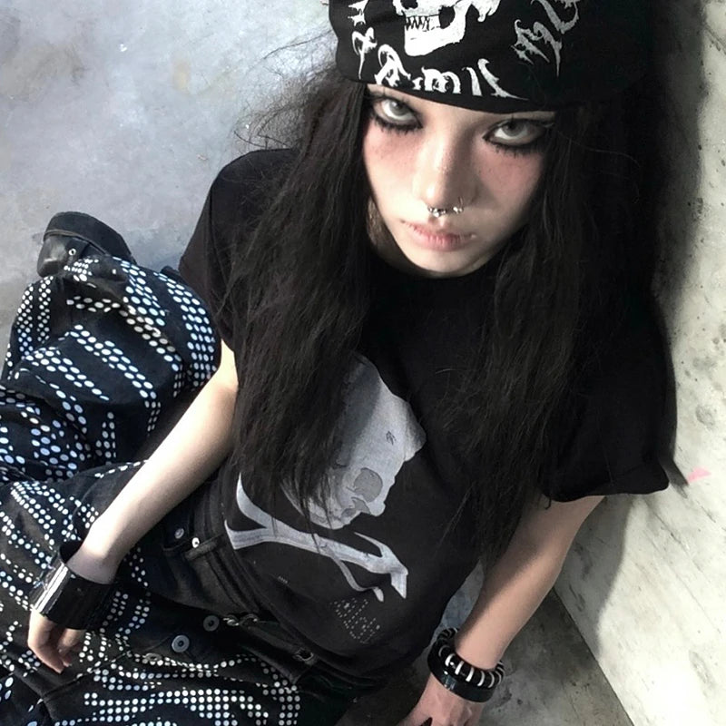 Cathy Dollette Grunge s Skull Print  Trashy 2000s Style Crop TopJapanese  Short Sleeve Tee Shirt Gothic Punk 90s