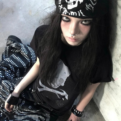 Cathy Dollette Grunge s Skull Print  Trashy 2000s Style Crop TopJapanese  Short Sleeve Tee Shirt Gothic Punk 90s
