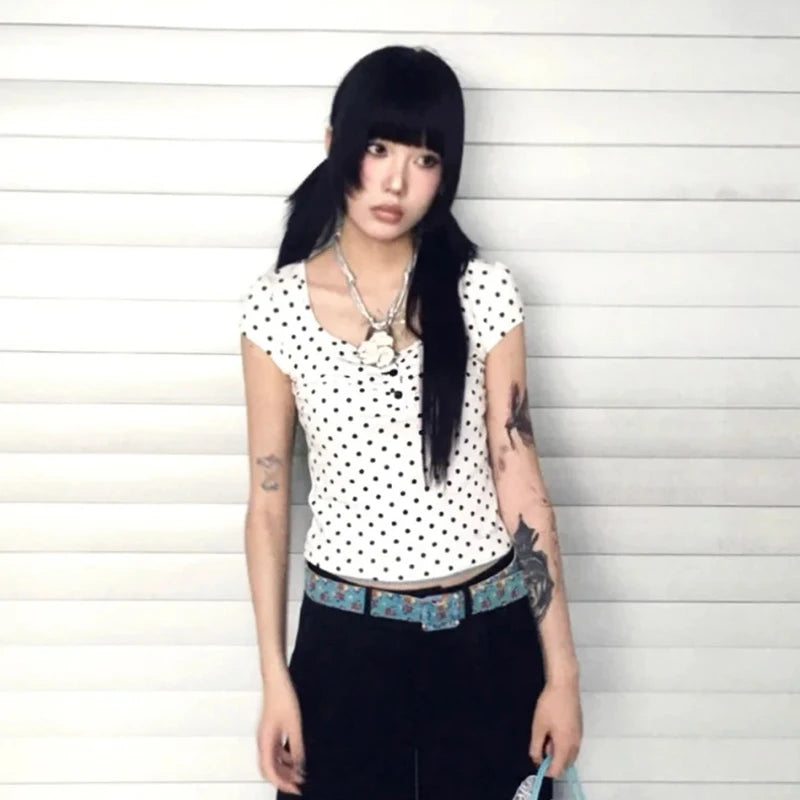 Cathy Dollette Japanese    Slim Polka Dot Crop Short Sleeve Streetwear Fairycore Grunge TopKoren Style Summer