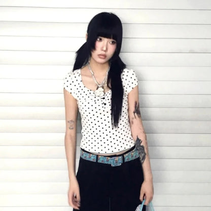 Cathy Dollette Japanese    Slim Polka Dot Crop Short Sleeve Streetwear Fairycore Grunge TopKoren Style Summer