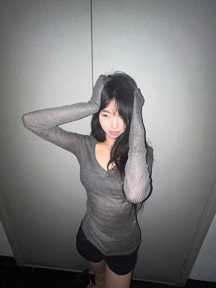 Cathy Dollette Bandage V-neck 's  Long Sleeve Korean Fashion Slim See Through 2000s Clothes  Tees Female Clothing Chic
