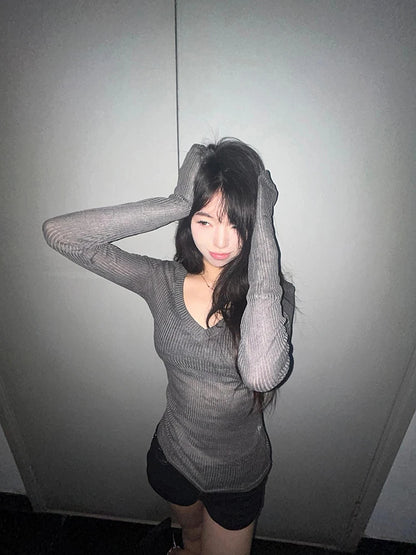 Cathy Dollette Bandage V-neck 's  Long Sleeve Korean Fashion Slim See Through 2000s Clothes  Tees Female Clothing Chic