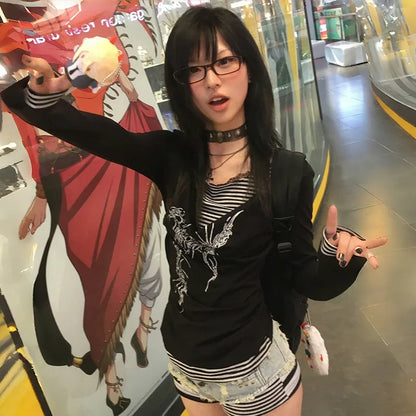 Cathy Dollette Japanese  Fake Two-piece TopTrashy 2000s Tattoo Print  Grunge s Patchwork T Shirts Gothic Vintage