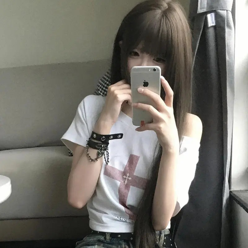 Cathy Dollette Gothic Off Shoulder Cross Graphic T Shirts 2000s Clothes  Short SLeeve Tees Female Clothing Goth Summer Top