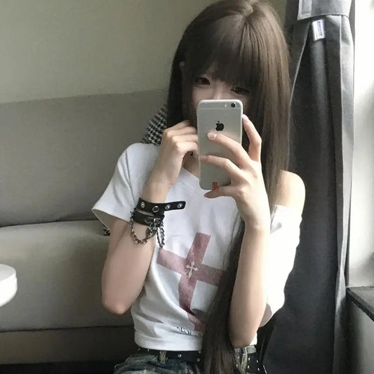 Cathy Dollette Gothic Off Shoulder Cross Graphic T Shirts 2000s Clothes  Short SLeeve Tees Female Clothing Goth Summer Top