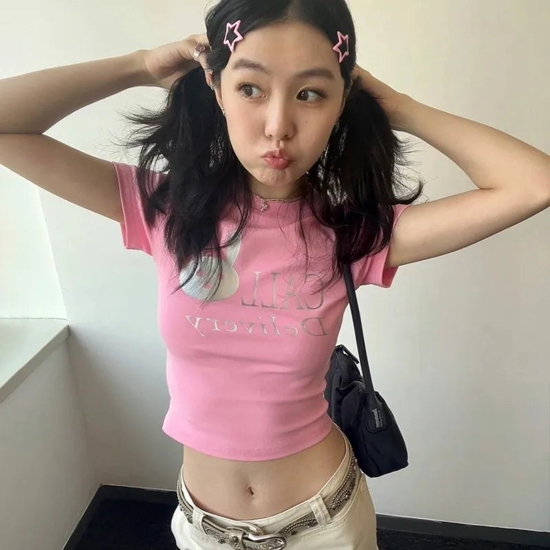 Cathy Dollette Japanese  Pink Crop Top 2000s s Kawaii Print  Harajuku Cutecore Short Sleeve Tee Shirt Korean Popular