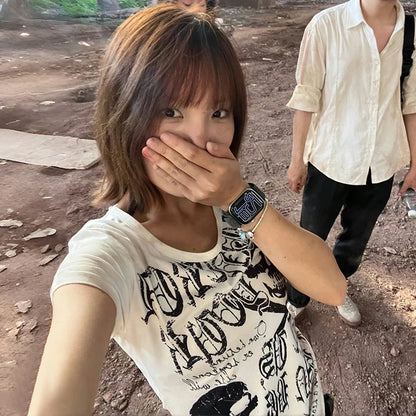 Cathy Dollette Grunge s Skull Print  Japanese  Short Sleeve Tshirt Trashy 2000s Style Streetwear Gothic Punk Vintage