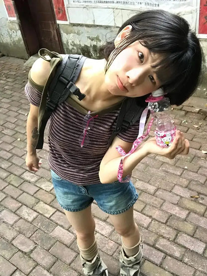 Cathy Dollette Korean Style Striped   Short Sleeve Lace Up Irreagual Tee Top  Grunge TopJapanese