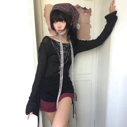 Cathy Dollette Japanese  Knitted TopGrunge Tattoo Print Long Sleeve  Ribbed Vintage Harajuku Shirring Knitwear 2000s Gothic