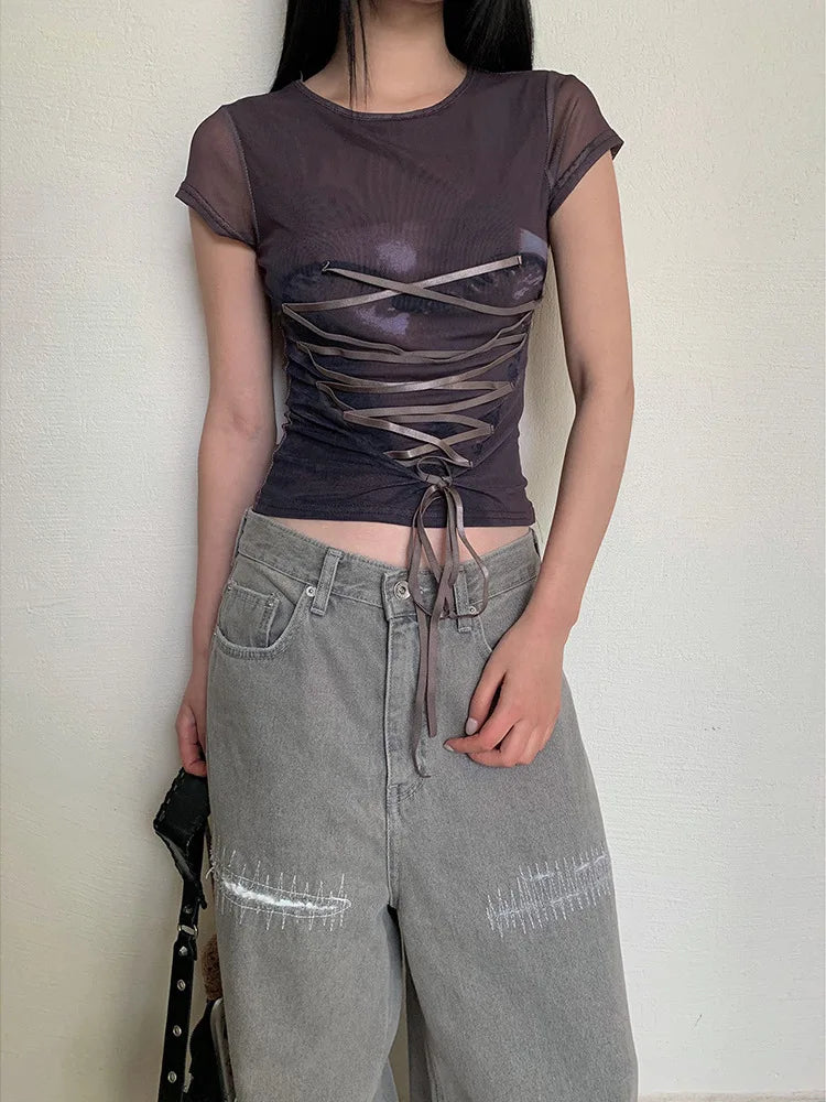 Cathy Dollette Lace Up T Shirt  Slim Streetwear Short Sleeve Korean Fashion 2000s Clothes  Tees Female Clothing Summer Tops