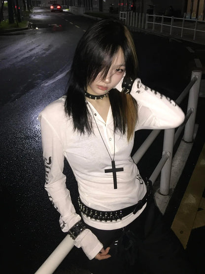 Cathy Dollette  Vintage T Shirt  See Through Hoody Crop TopSlim Print Graphic Top2000s Japanese Grunge TopE-girls Tees