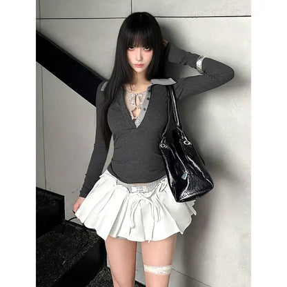 Cathy Dollette Hotsweet Turn-down Collar Fake Two Piece s  Clothing Patchwork Lace Autumn TopKorean 2000s Clothes