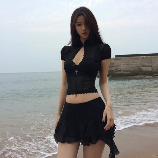 Cathy Dollette  Fairycore Two Piece Set For  Hollow Out Lace Mesh Shirt + Irregular Mini Shirts Vintage Skirt Sets Japanese