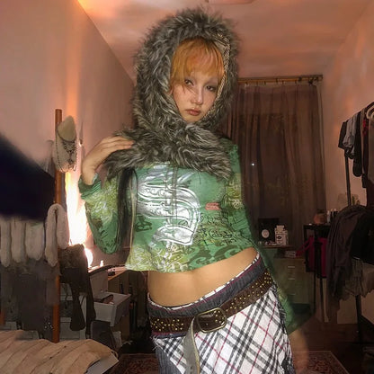 Cathy Dollette Japanese  Crop Top Trashy 2000s Graffiti Print Long Sleeve  Grunge s Vintage Streetwear Harajuku 90s