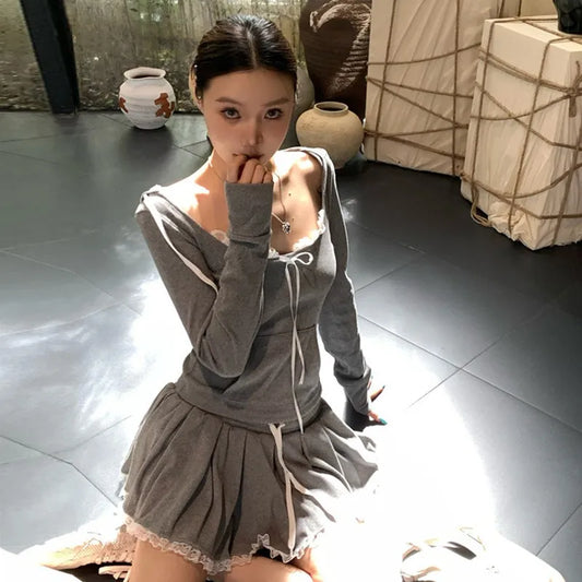 Cathy Dollette Harajuku Casual Two Pieces Suits  Vintage Fairycore Cropped Hoody + Mini Skirts 2000s Japanese Suits Set Streetwear