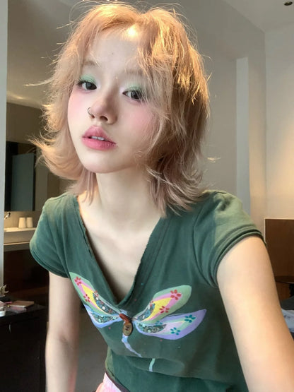 Cathy Dollette Harajuku Print  Short Sleeve  Japanese Crop Top Grunge Top2000s  Tshirts