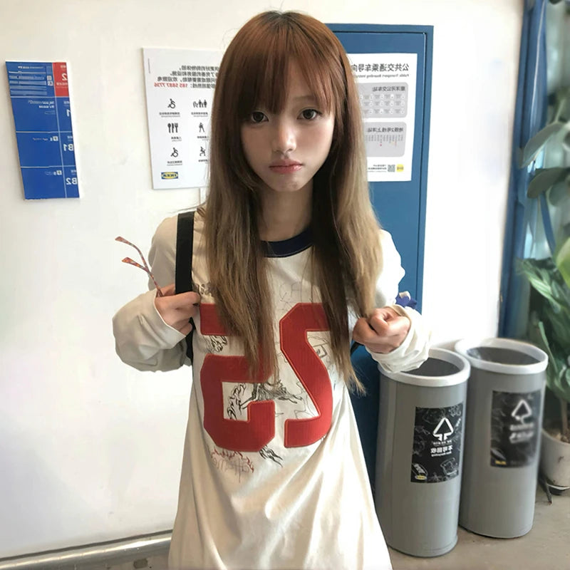 Cathy Dollette Japanese  Number Print  2000s s Long Sleeve Jersey TopVintage Harajuku Streetwear American Retro