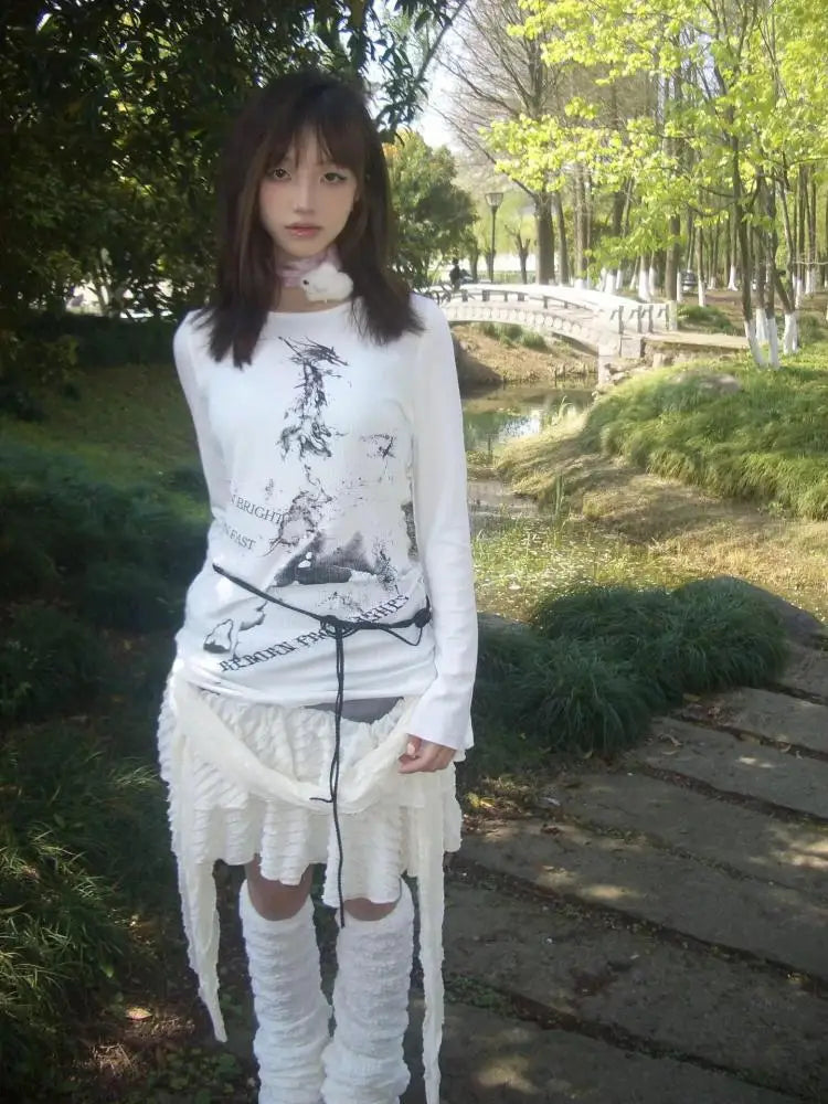 Cathy Dollette Gothic Grunge Top Die Tye Print Graphic T Shirts  Aesthethic Streetwear 2000s Japanese White Tshirts Autumn