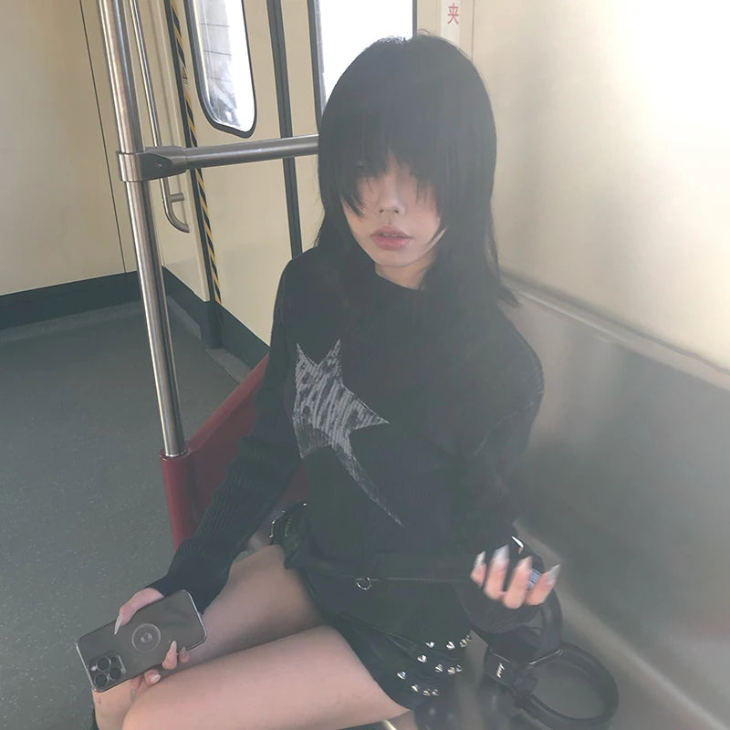 Cathy Dollette Japanese  Black Knitted TopTrashy 2000s Style Long Sleeve Knit  Vintage Harajuku Distressed Knitwear Grunge