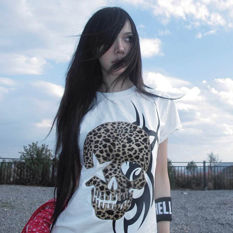 Cathy Dollette Trashy  Skull Print  Grunge s Short Sleeve Tee Shirt Vintage 2000s Style Streetwear Gothic Punk 90s