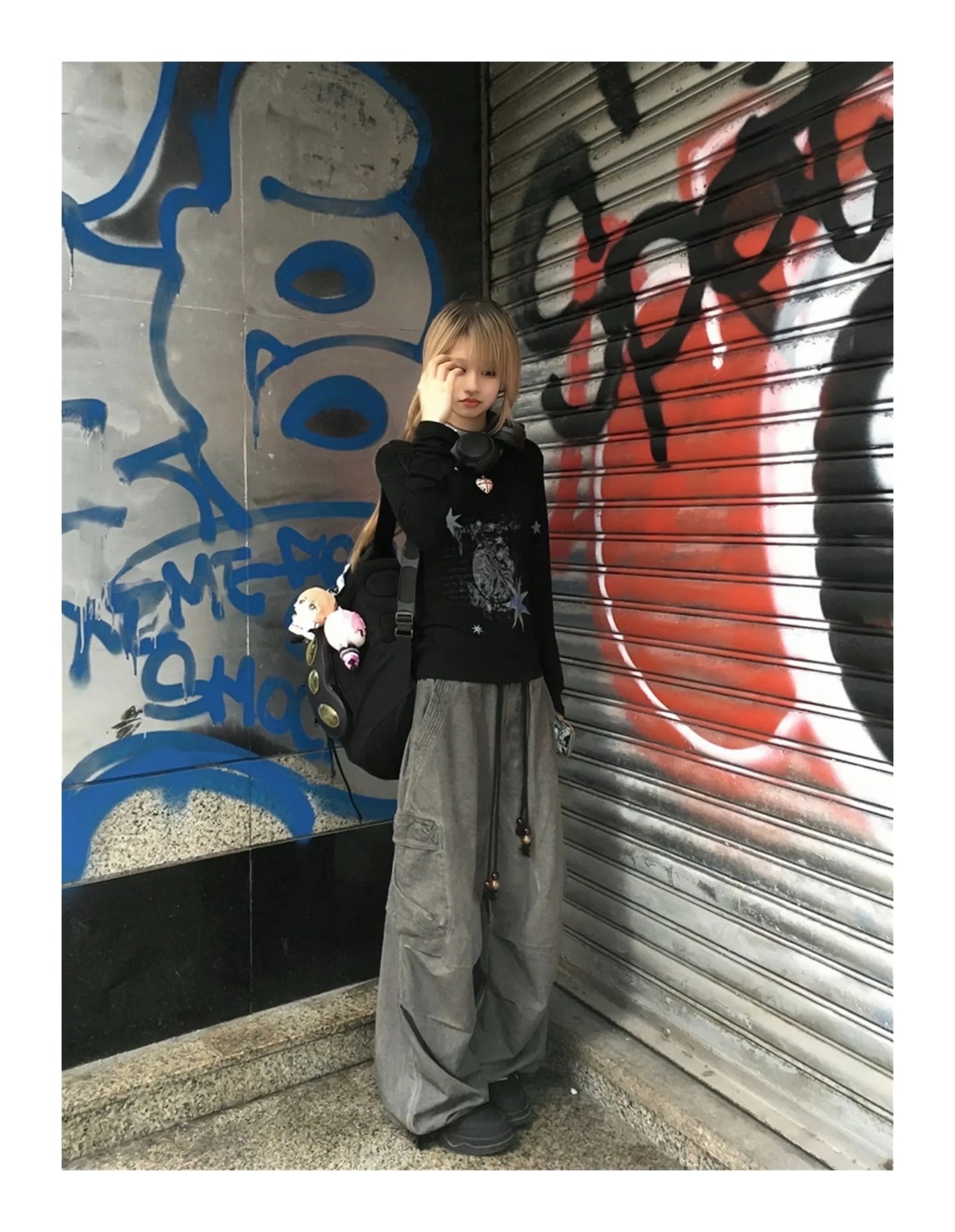 Cathy Dollette Gothic Graphic Top Long Sleeve Black Print   Japanese 2000s  Grunge Top