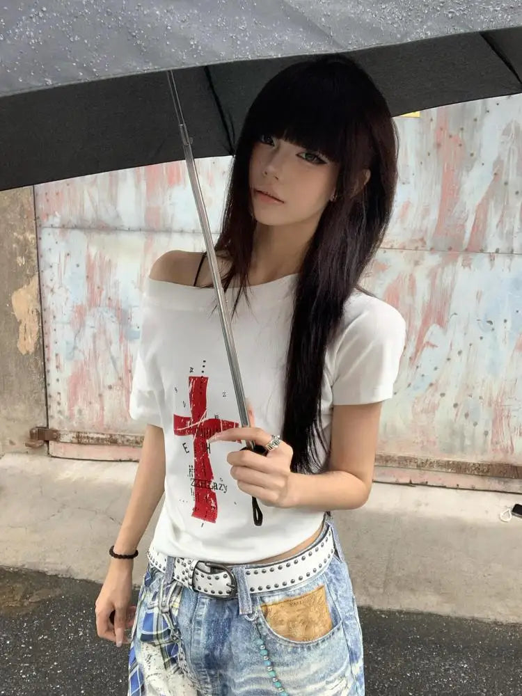 Cathy Dollette Off Shoulder Cross Print 's  2000s Clothes  Short Sleeve Japan Style Graphic Tee Female Clothing Summer