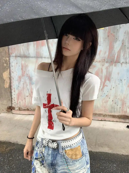 Cathy Dollette Off Shoulder Cross Print 's  2000s Clothes  Short Sleeve Japan Style Graphic Tee Female Clothing Summer