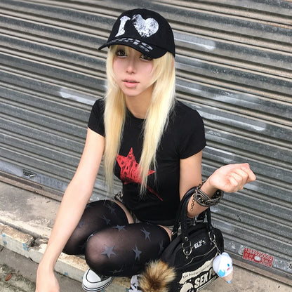 Cathy Dollette Grunge s Star Print Crop Top Trashy 2000s Style Short Sleeve  Japanese  Streetwear American Retro 90s