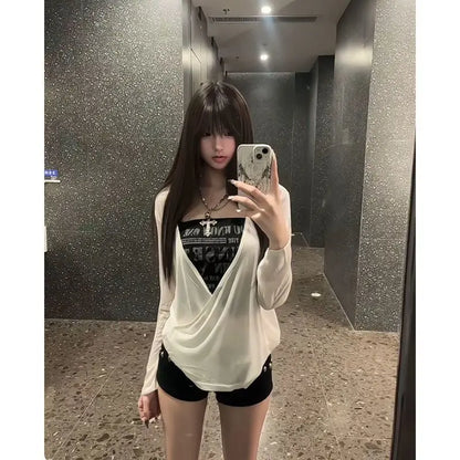 Cathy Dollette Hotsweet Two Piece TopAutumn Long Sleeve Graphic T Shirts Woman Clothes 2000s Clothes  Tees Female Clothing Chic