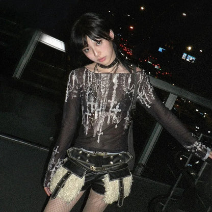 Cathy Dollette Grunge s Mesh TopJapanese  Tattoo Print Sheer TopVintage Harajuku See Through Long Sleeve  Gothic