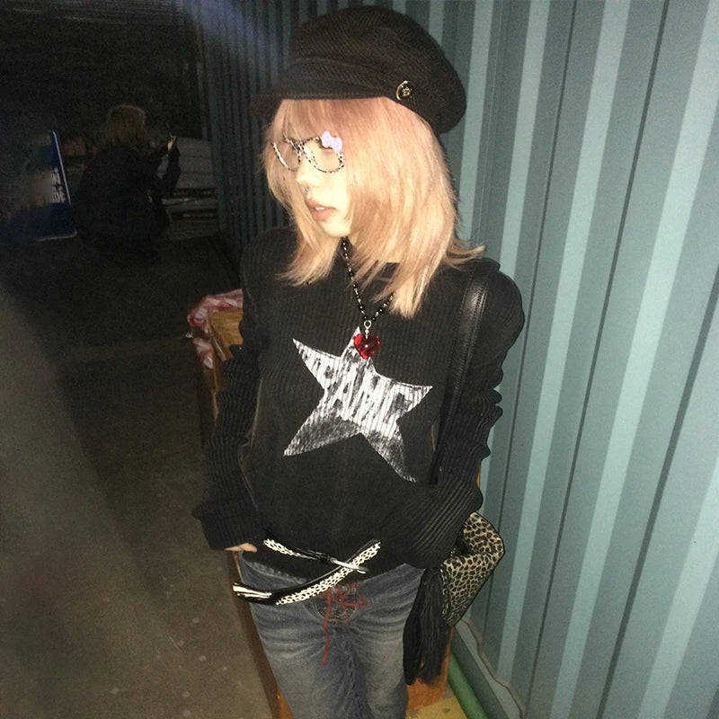 Cathy Dollette Japanese  Black Knitted TopTrashy 2000s Style Long Sleeve Knit  Vintage Harajuku Distressed Knitwear Grunge