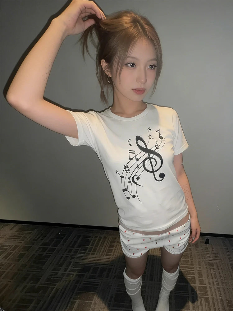 Cathy Dollette Korean Style   White Print Graphic Top Vintage Top Japanese 2000s Tshirts E-girls Summer