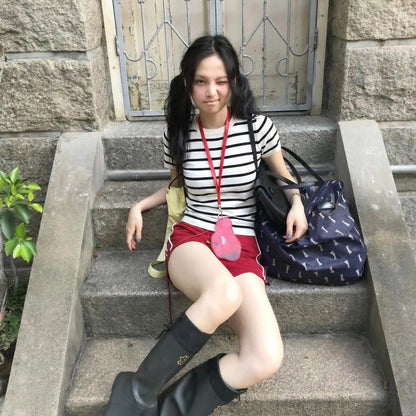Cathy Dollette  Korean Style Striped 's  Short Sleeve  Vintage TopAmerican Retro Streetwear s Japanese 2000s