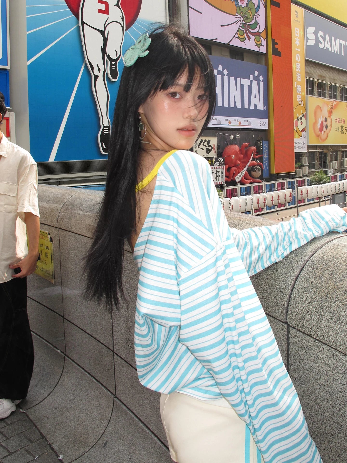 Cathy Dollette Japanese  Blue Striped  Korean 2000s Style V-neck Long Sleeve T Shirt Vintage Harajuku Off Shoulder Loose Tops