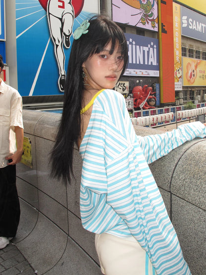 Cathy Dollette Japanese  Blue Striped  Korean 2000s Style V-neck Long Sleeve T Shirt Vintage Harajuku Off Shoulder Loose Tops